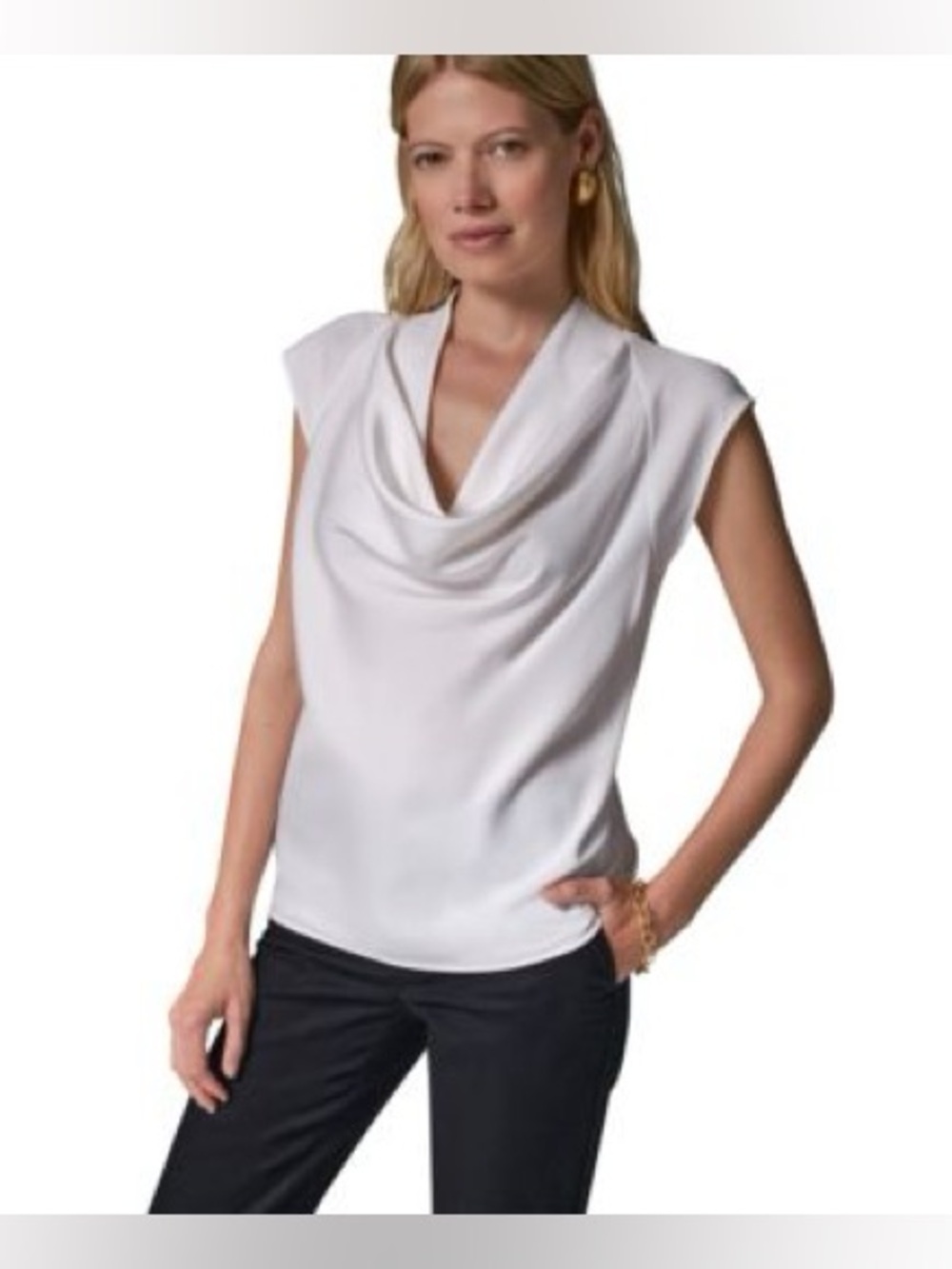 Donna Karan- White Draped Cowl Neck Sleeveless Blouse Size L